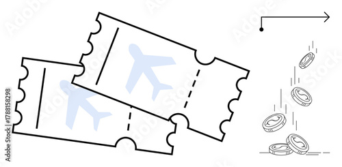Fotomural Two airplane tickets next to falling coins and an arrow symbolizing travel costs