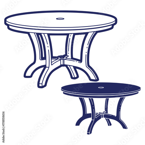 Elegant outdoor tables with round tops in a simple and minimalist illustration style for patio and garden furnishing designs