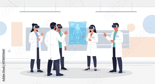 Medical team using virtual reality for diagnosis and collaborative discussion in healthcare
