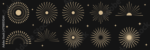 Collection of boho sun and celestial line art set. Mystical sunrise, sunset, and cosmic symbols for spiritual design. Sun rise set, sunset vector icons, sunburst rays collection Sun boho logo