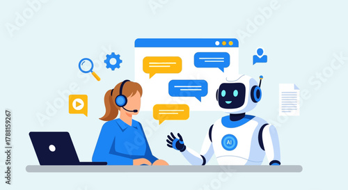 Customer service chatbot interacting with a female operator, illustrating AI in business operations and communication technology