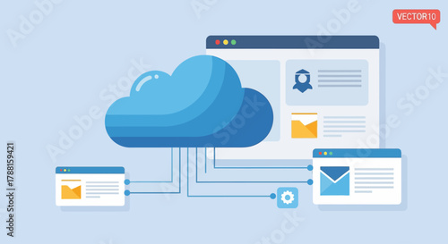 Cloud computing network with data transfer and email integration illustration