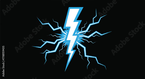 A striking lightning bolt and thunder flash electric spark, rendered as a bold flat 2D vector illustration, is intensely isolated against a deep black background, symbolizing raw power.