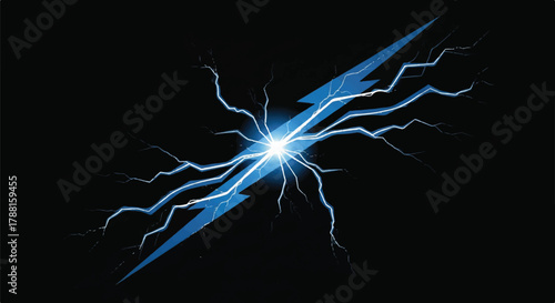Blue lightning bolt striking dramatically across a deep black background, depicted in a striking flat 2D vector illustration style, symbolizing power and high voltage energy.