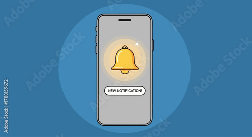 Mobile phone displaying a notification alert with a ringing bell icon and text that reads 'new notification'