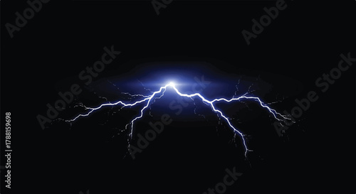 Dramatic lightning strike vector illustration showing a powerful thunderstorm effect across a dark night sky with an isolated pure black background.