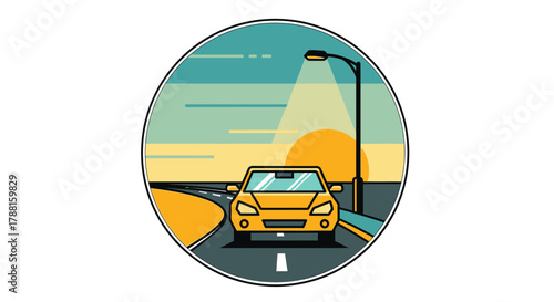 A yellow car driving down a road towards a sunset with a street lamp