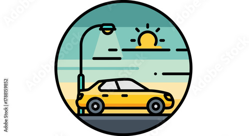 A yellow car parked on a street under a street lamp with a sunset in the background, symbolizing transportation and urban life