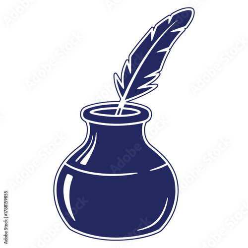 Feather Quill Pen in Inkwell Illustration Symbolic of Writing History and Creative Expression on White Background