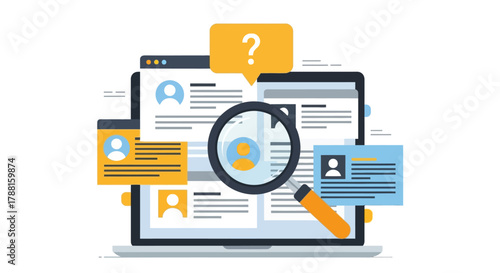 Illustration of a computer screen displaying resumes with a magnifying glass highlighting a profile and a question mark icon, symbolizing job search and recruitment