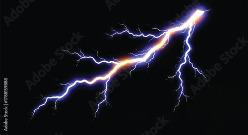 A powerful and realistic lightning streak energy burst, presented as a dynamic flat 2D vector illustration, dramatically illuminates the vast, dark black background with high voltage power.