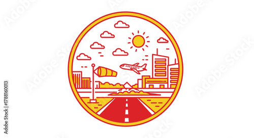 A vibrant circular illustration depicting a modern city skyline with an airplane taking off, set against a bright, sunny sky