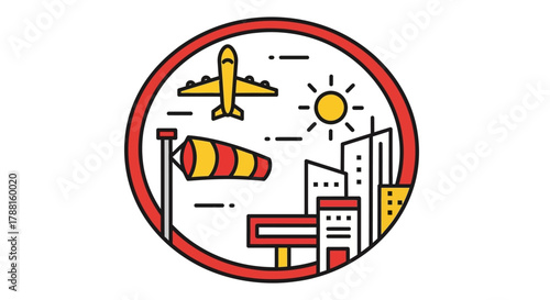 Circular aviation icon showcasing an airplane, windsock, buildings, and sun with a clean, modern aesthetic