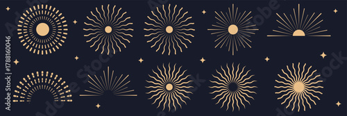 Collection of boho sun and celestial line art set. Mystical sunrise, sunset, and cosmic symbols for spiritual design. Sun rise set, sunset vector icons, sunburst rays collection Sun boho logo