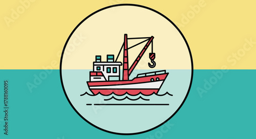 Fishing boat with crane on the sea, a maritime vessel for catching fish and seafood