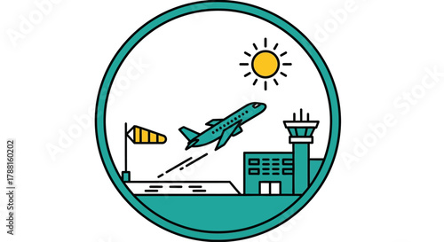 Airplane taking off from airport with control tower and runway on a sunny day, symbolizing travel and departure