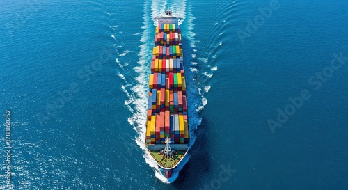 Large container ship sails across the ocean on a clear day