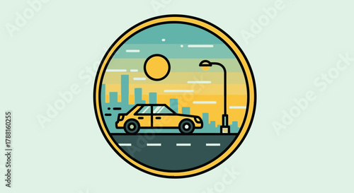 Flat Design Vector Illustration of a Yellow Car Driving Down a City Street at Sunset