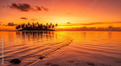 Beautiful Tropical Island Sunset Over Calm Ocean Water