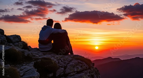 Couple Watching Romantic Sunset Over Mountain Peaks