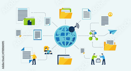 Global Digital Network Connecting Documents, Folders, and Mobile Devices with Wireless Connectivity