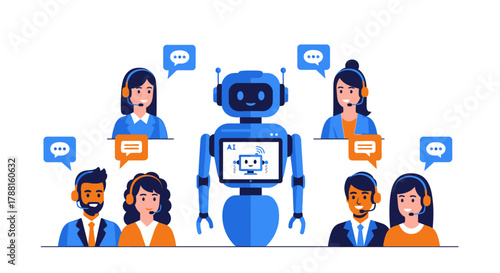 Customer service robot assisting callers with communication bubbles and support staff, illustrating automated assistance in business