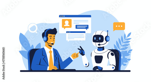 Customer service interaction between a human operator and a robot, illustrating advanced technology in communication and support