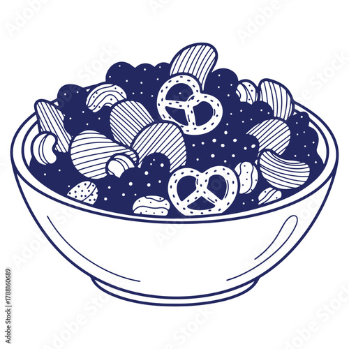 Hand drawn snack mix bowl full of pretzels chips and crackers ideal for party illustration or food blogging design assets