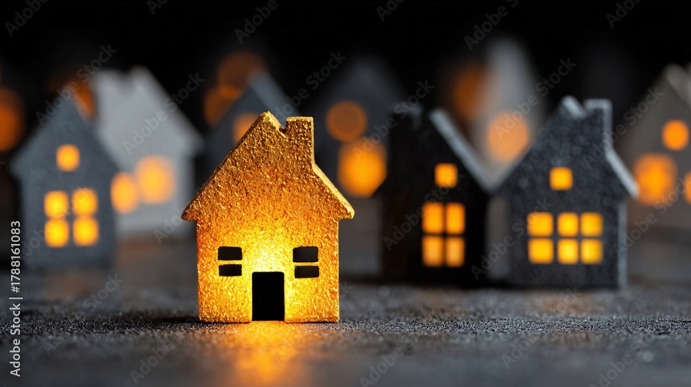 Naklejka premium Glowing miniature house model surrounded by other houses in dark background