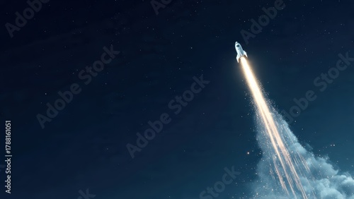A rocket ascends through a starry sky, leaving a trail of flames and smoke, symbolizing exploration and technological advancement.