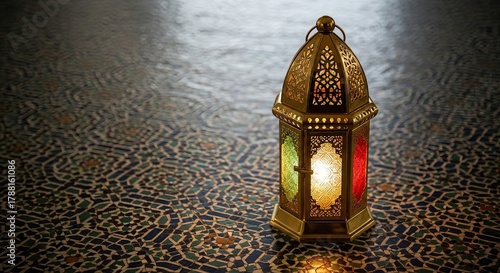 Ornate Metal Lantern with Colored Glass Panels on Decorative Surface