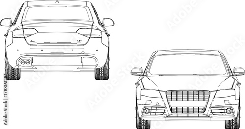 Vector sketch illustration of a silhouette design of a high-class luxury sedan car for officials and rich people, seen from the front and back