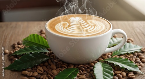 Artistic Latte Coffee Beverage with Frothy Foam and Coffee Beans