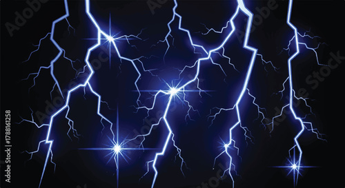 Glowing blue lightning flashes illuminate the darkness in a dramatic, powerful 2D vector illustration set against a solid black background.