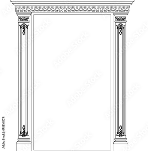 Vector sketch illustration of a silhouette of a traditional, classic, vintage, ethnic carved teak wood door design