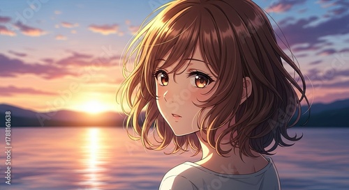 A serene anime girl contemplates a breathtaking sunset over a tranquil lake