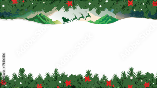 Festive Christmas trees border with Santa's sleigh flying over snowy mountains for holiday designs