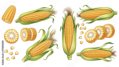Various illustrated forms of sweet corn, including whole cobs with husks, slices, and individual kernels on a transparent background.