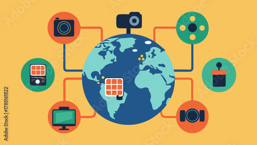 Global smart camera network and technology concept with earth, devices, and connectivity icons on yellow background