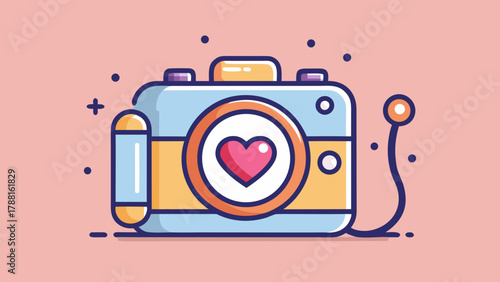 Cute camera with heart symbol in lens representing love for photography and creative expression on pink background