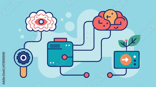 Artificial intelligence and conscious technology usage concept with brain, gear, and eco interface icons on blue background