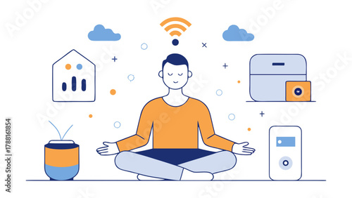 Man meditating with smart home devices and wireless connection icons representing balance between technology and mindfulness