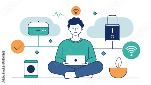 Man using tablet to control smart home devices with wifi, security, and automation icons around in modern connected environment