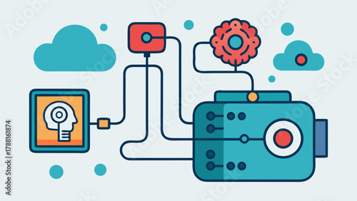 Artificial intelligence and smart camera system concept with brain, cloud, and technology connection icons