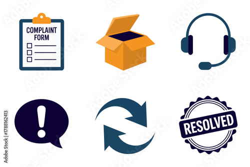 Comprehensive customer support flat vector icons, showing complaint form, help desk, headset, urgent warning, attention required, resolved issue, and action arrows.