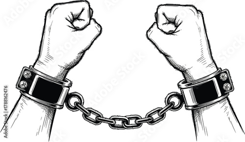 Powerful sketch of wrists bound by metal chains, symbolizing struggle, resilience, and the fight for liberty and justice, ideal for social commentary
