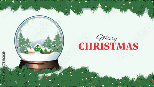 Charming winter village snow globe scene with festive fir branches and 'Merry Christmas' text