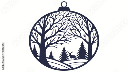 Captivating winter forest scene with majestic deer framed within a holiday ornament