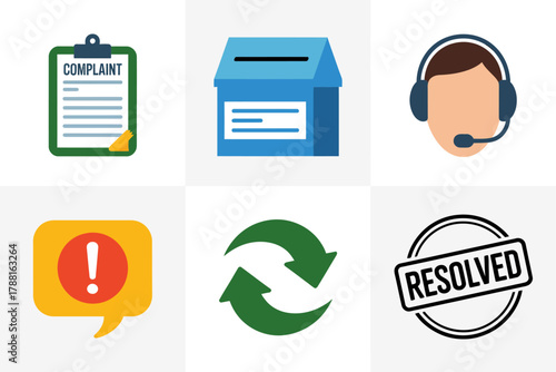 Flat vector icons for service and charity, including receipt form, donation box, helpline operator, urgent warning signal, resolved status, and refresh cycle arrows.