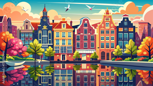Very beautiful view of Amsterdam, Netherlands, featuring the iconic “dancing houses” along the Amstel River, reflected in calm water, with a bright spring landscape and a realistic charming European a